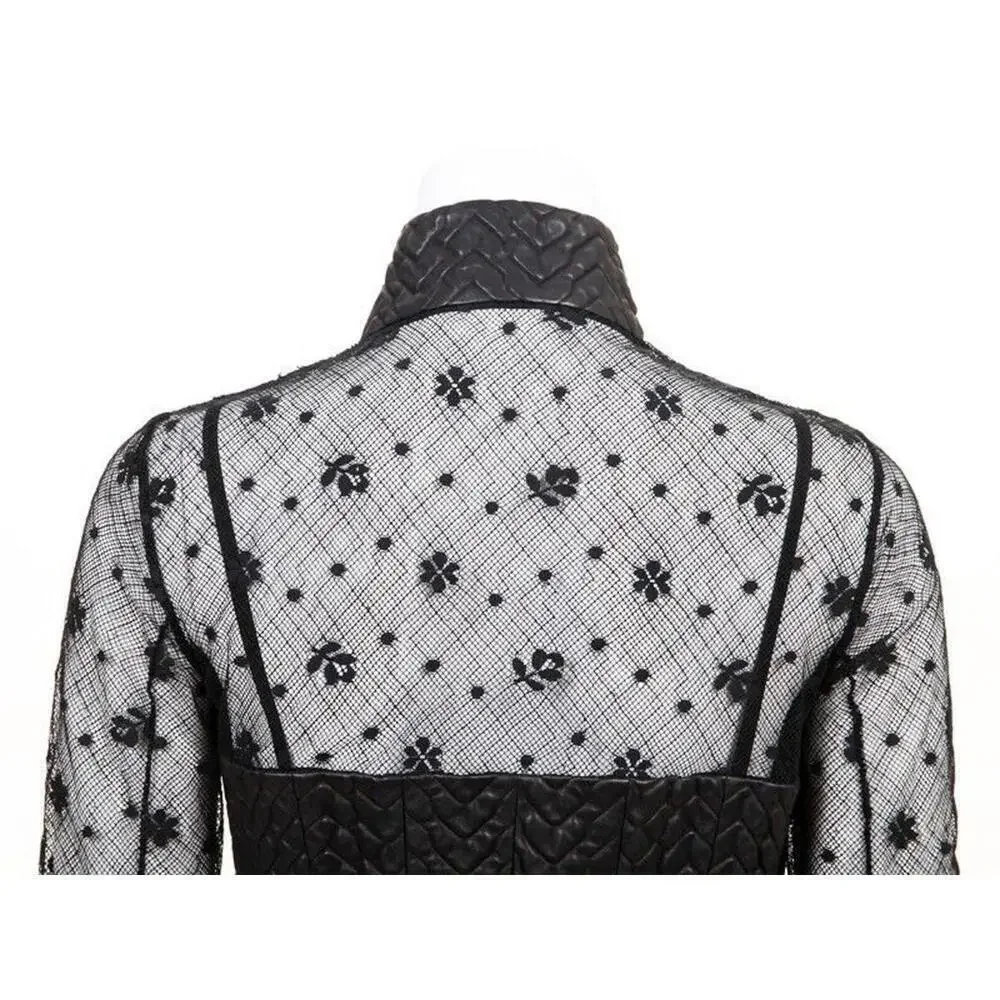 03A CHANEL Leather Lace Black Top 2003 Rare Long Sleeve FR-36 Blouse Jacket